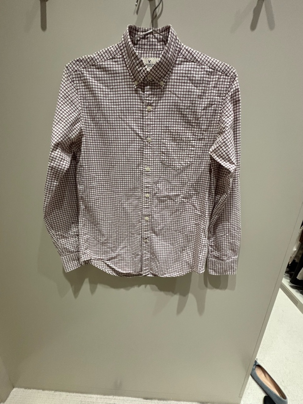 American Eagle Outfitters Men’s Wine and White Check Button-Down Shirt
